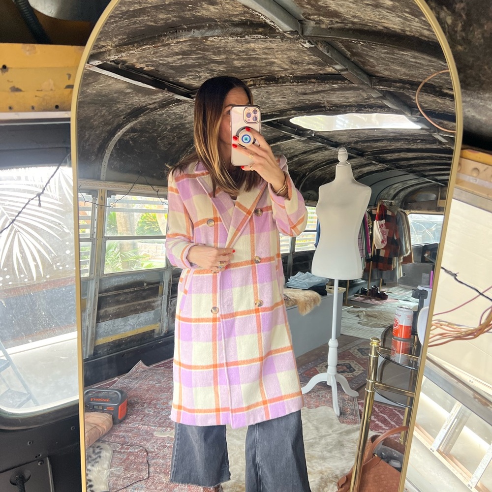 Plaid Women's Top Coat - Pink and Cream